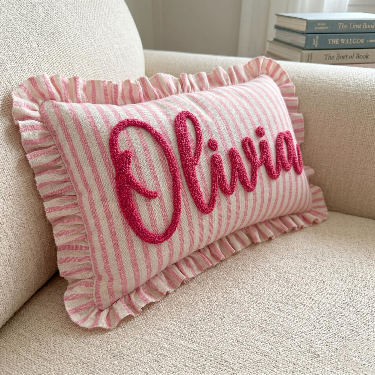 Personalized Striped Ruffled Punch Needle Throw Pillow Embroidered Name Baby Gift for Nursery (Pillow insert not included)