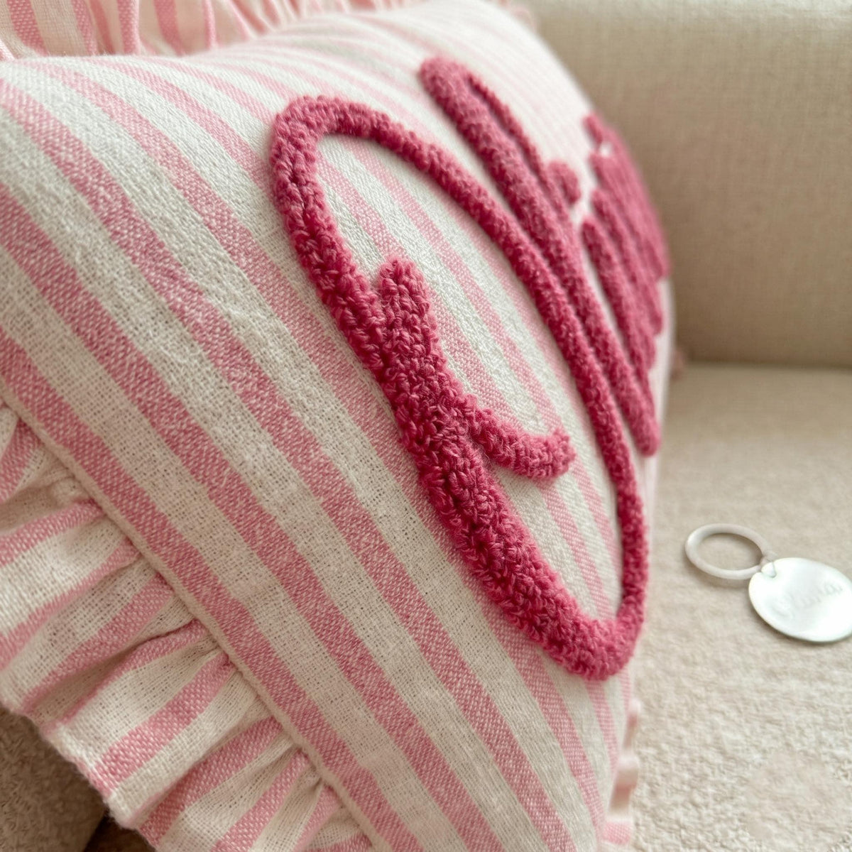 Personalized Striped Ruffled Punch Needle Throw Pillow Embroidered Name Baby Gift for Nursery (Pillow insert not included)