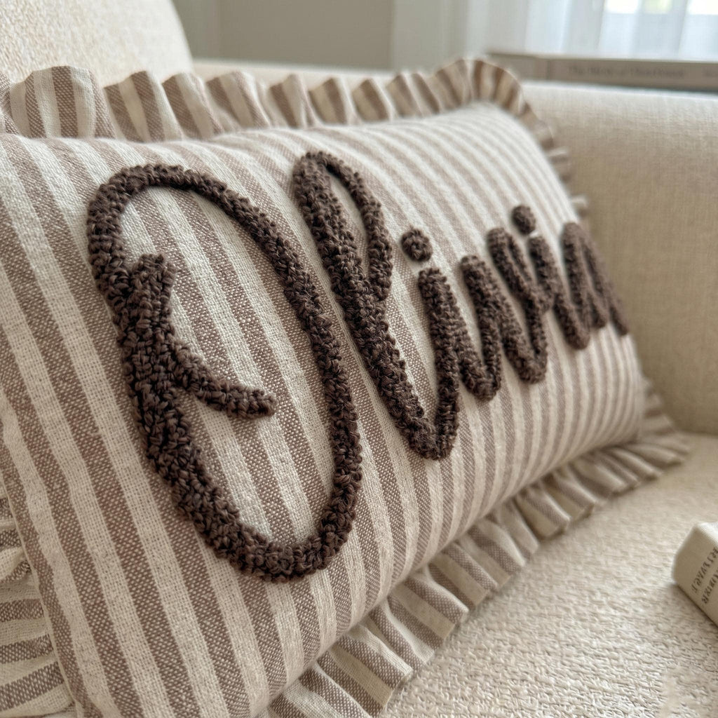 Personalized Striped Ruffled Punch Needle Throw Pillow Embroidered Name Baby Gift for Nursery (Pillow insert not included)