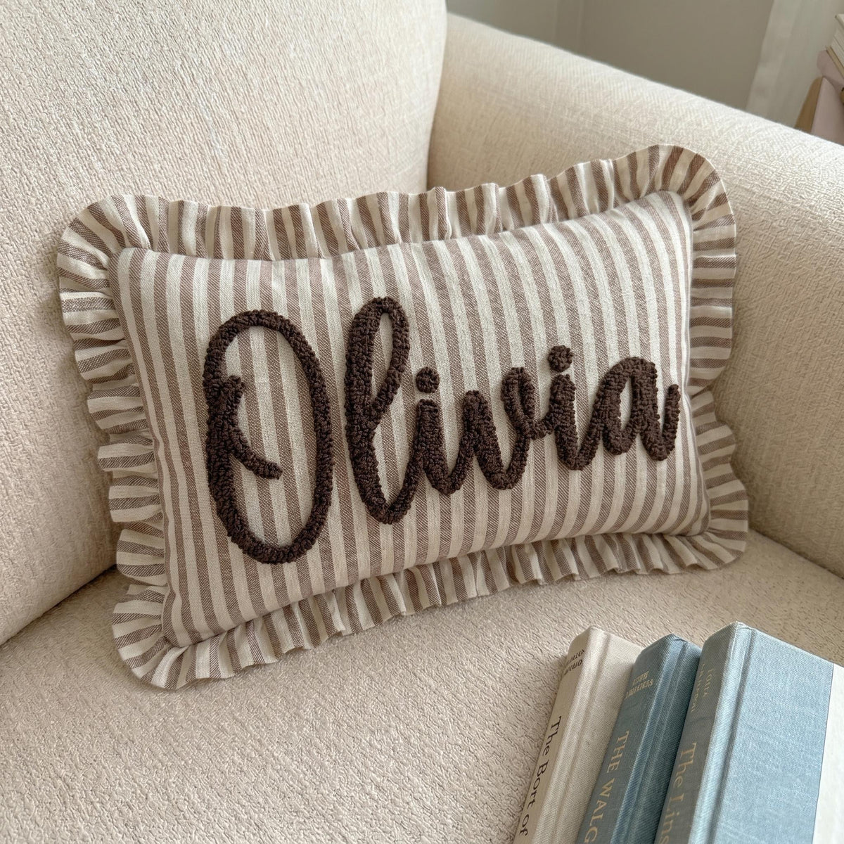 Personalized Striped Ruffled Punch Needle Throw Pillow Embroidered Name Baby Gift for Nursery (Pillow insert not included)