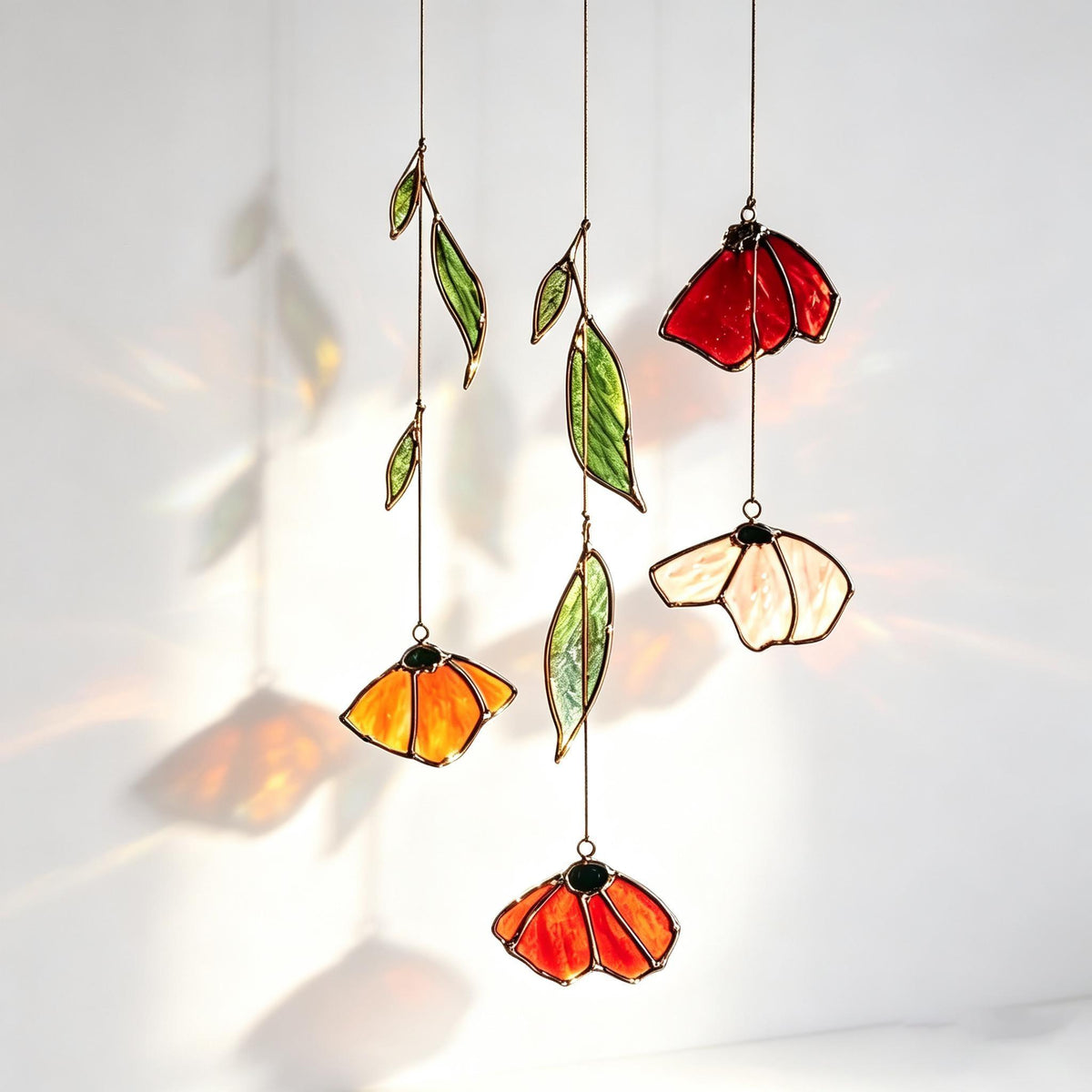 Autumn Poppy Leaf Stained Glass Suncatcher Handmade Floral Wind Chime Porch Window Decor Thanksgiving Gift Custom Garden Light Catcher Art
