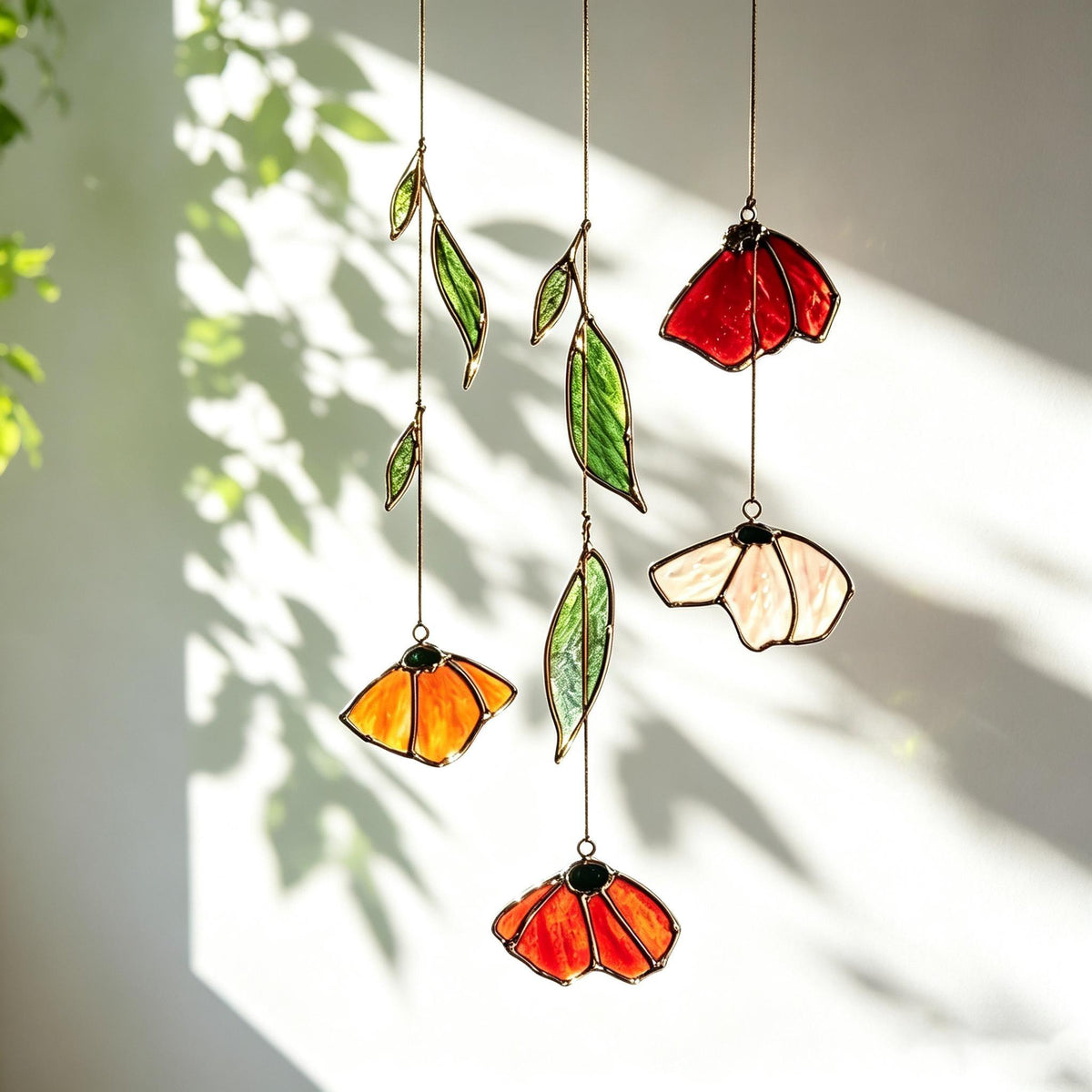 Autumn Poppy Leaf Stained Glass Suncatcher Handmade Floral Wind Chime Porch Window Decor Thanksgiving Gift Custom Garden Light Catcher Art