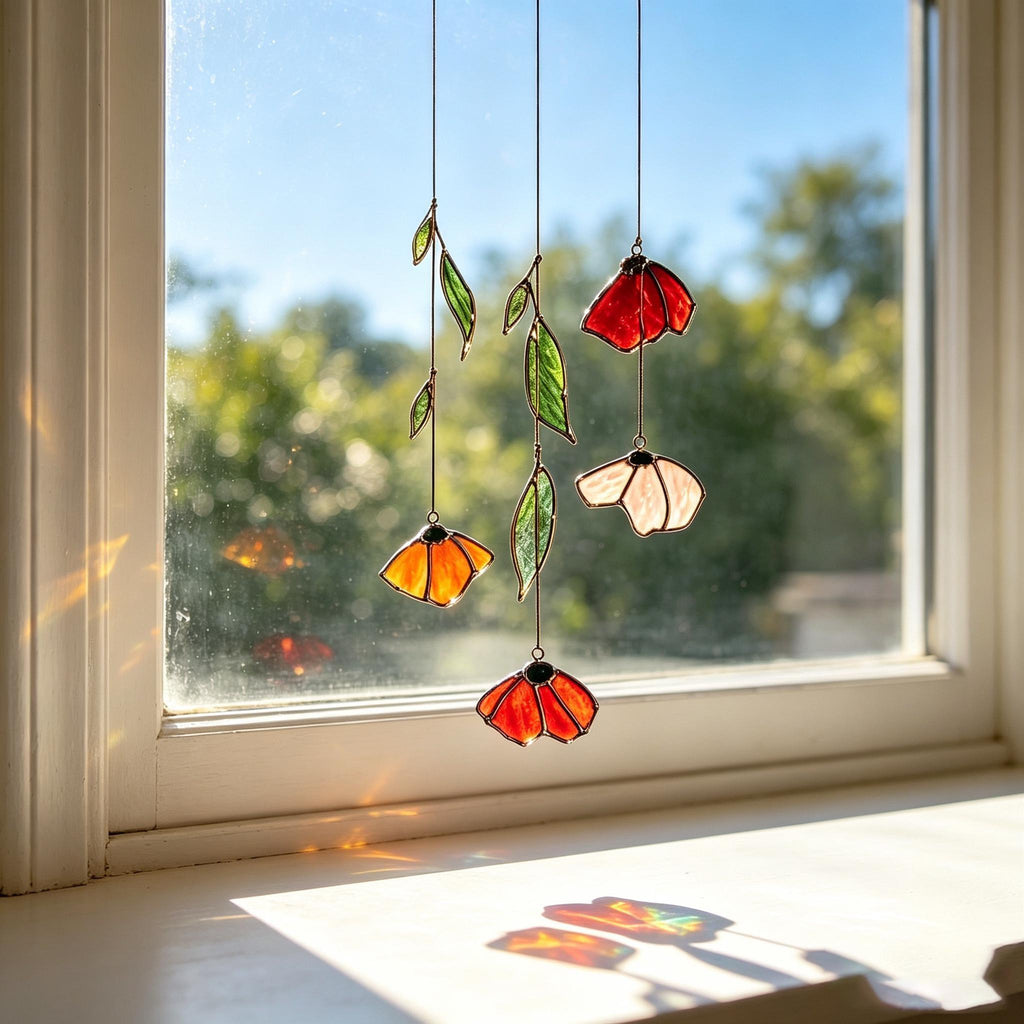 Autumn Poppy Leaf Stained Glass Suncatcher Handmade Floral Wind Chime Porch Window Decor Thanksgiving Gift Custom Garden Light Catcher Art