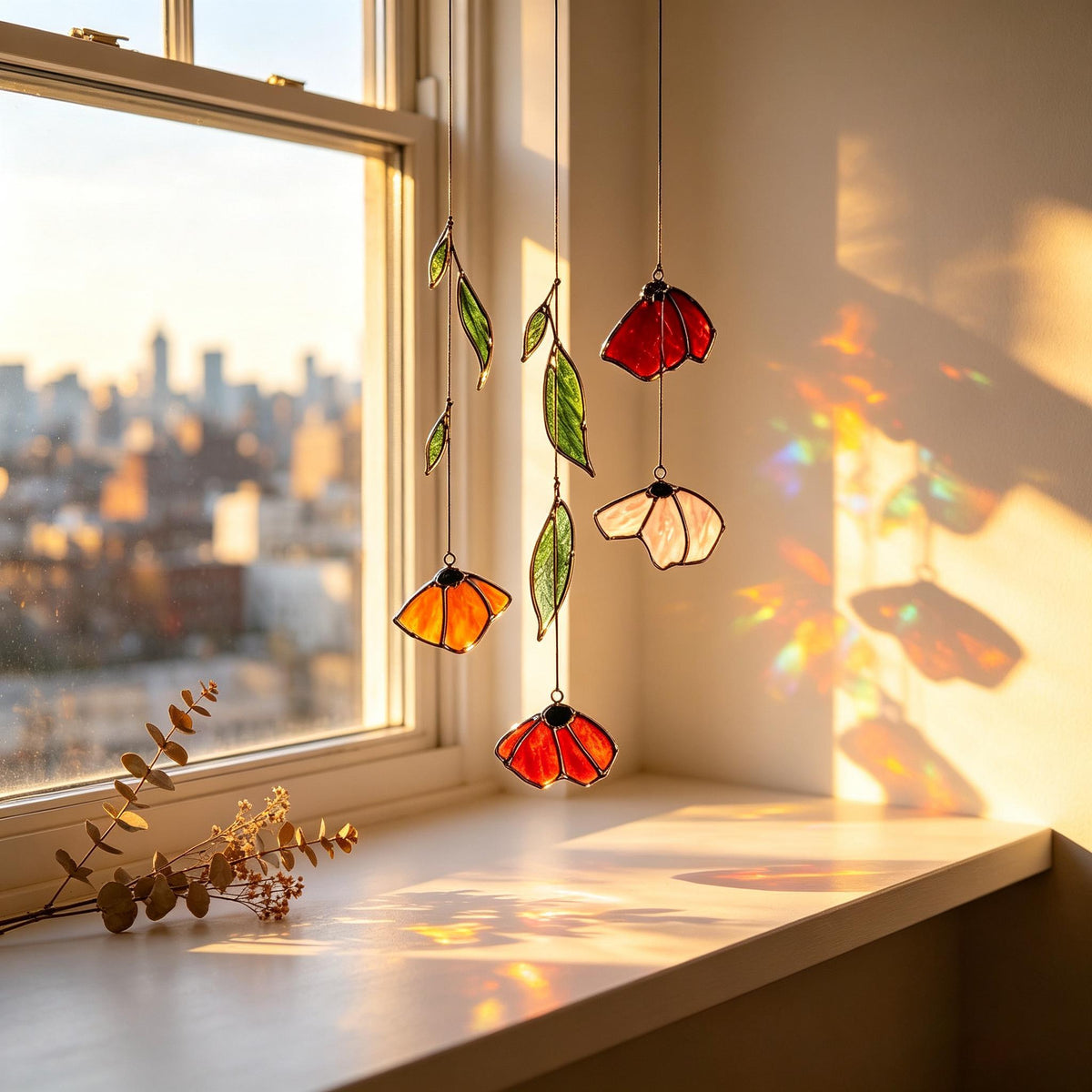 Autumn Poppy Leaf Stained Glass Suncatcher Handmade Floral Wind Chime Porch Window Decor Thanksgiving Gift Custom Garden Light Catcher Art