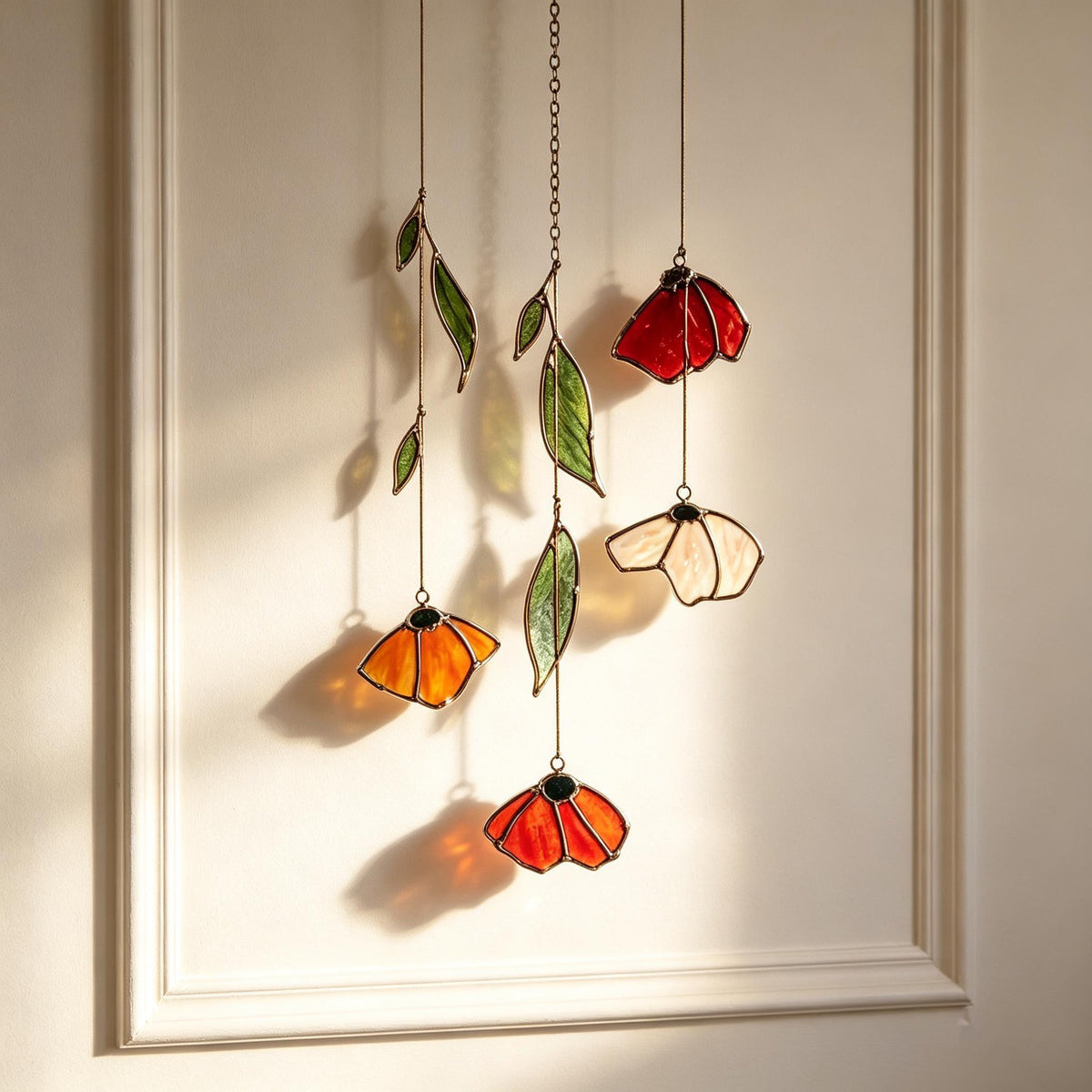 Autumn Poppy Leaf Stained Glass Suncatcher Handmade Floral Wind Chime Porch Window Decor Thanksgiving Gift Custom Garden Light Catcher Art
