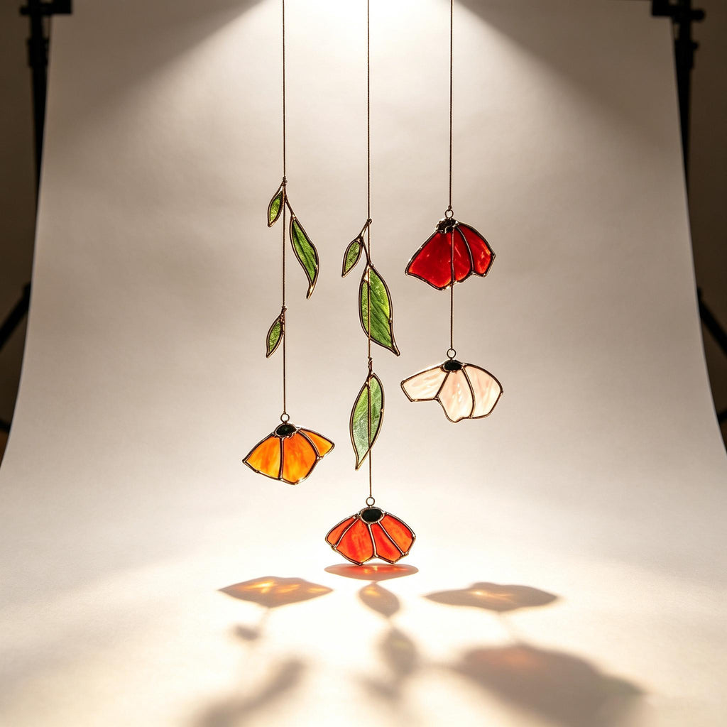 Autumn Poppy Leaf Stained Glass Suncatcher Handmade Floral Wind Chime Porch Window Decor Thanksgiving Gift Custom Garden Light Catcher Art
