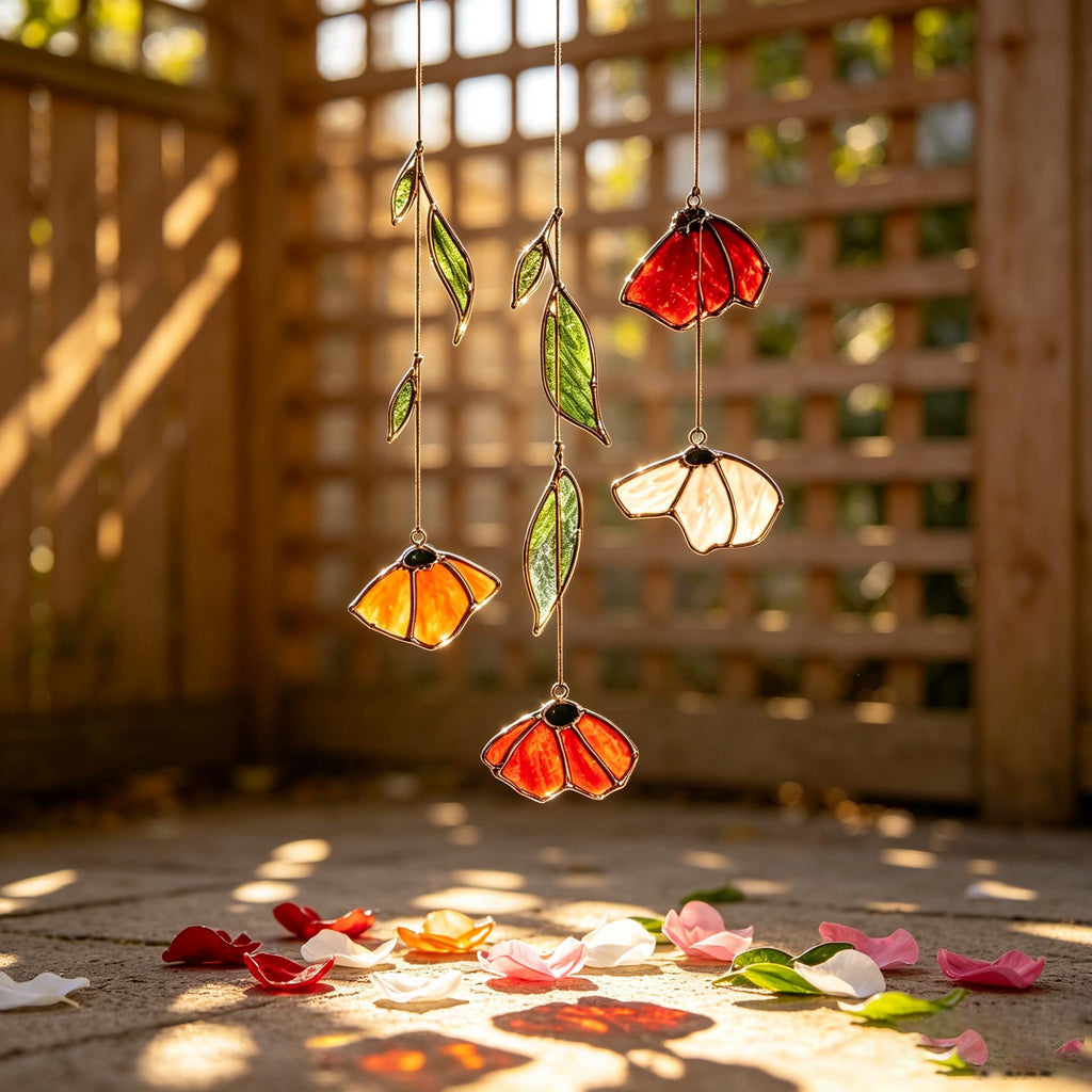 Autumn Poppy Leaf Stained Glass Suncatcher Handmade Floral Wind Chime Porch Window Decor Thanksgiving Gift Custom Garden Light Catcher Art