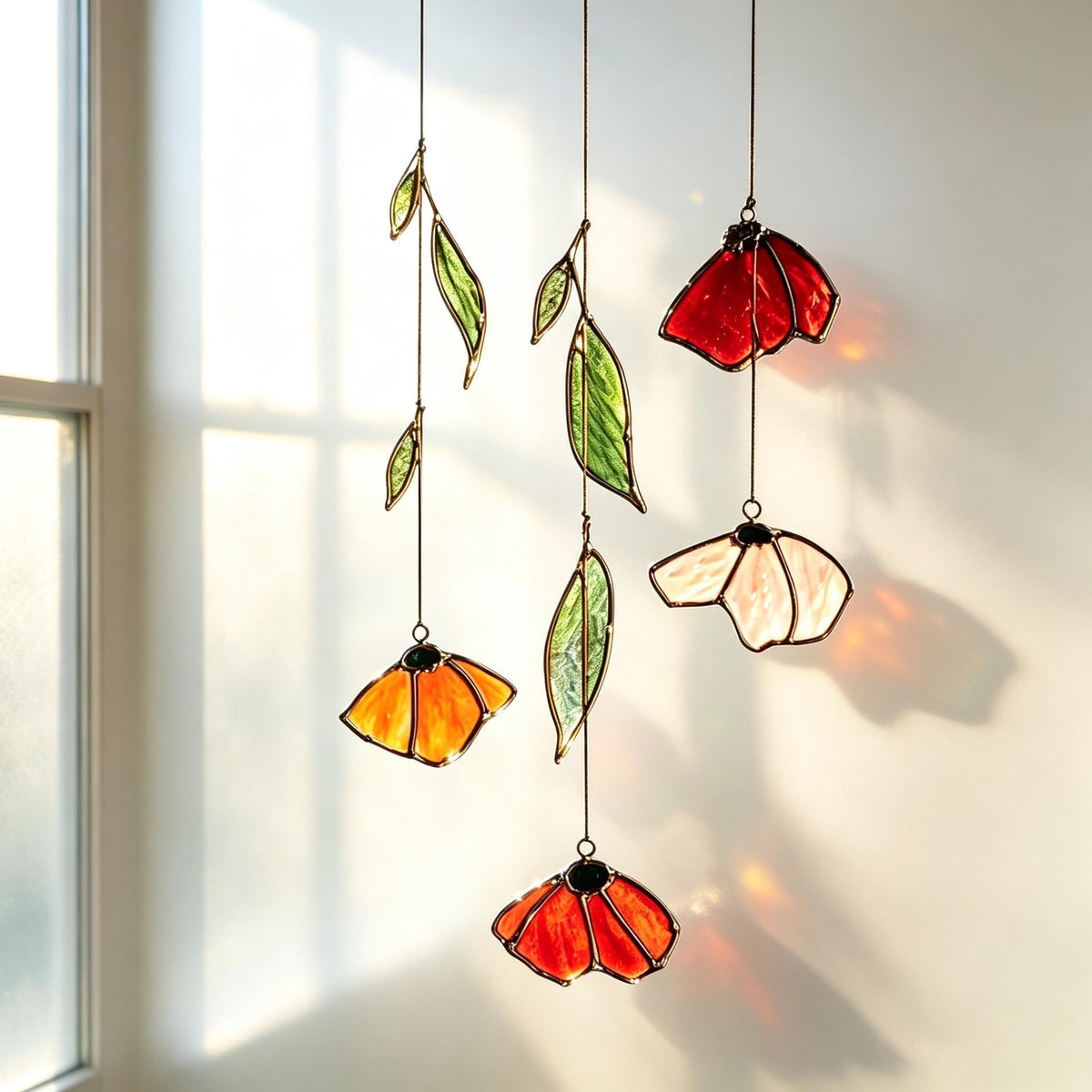 Autumn Poppy Leaf Stained Glass Suncatcher Handmade Floral Wind Chime Porch Window Decor Thanksgiving Gift Custom Garden Light Catcher Art