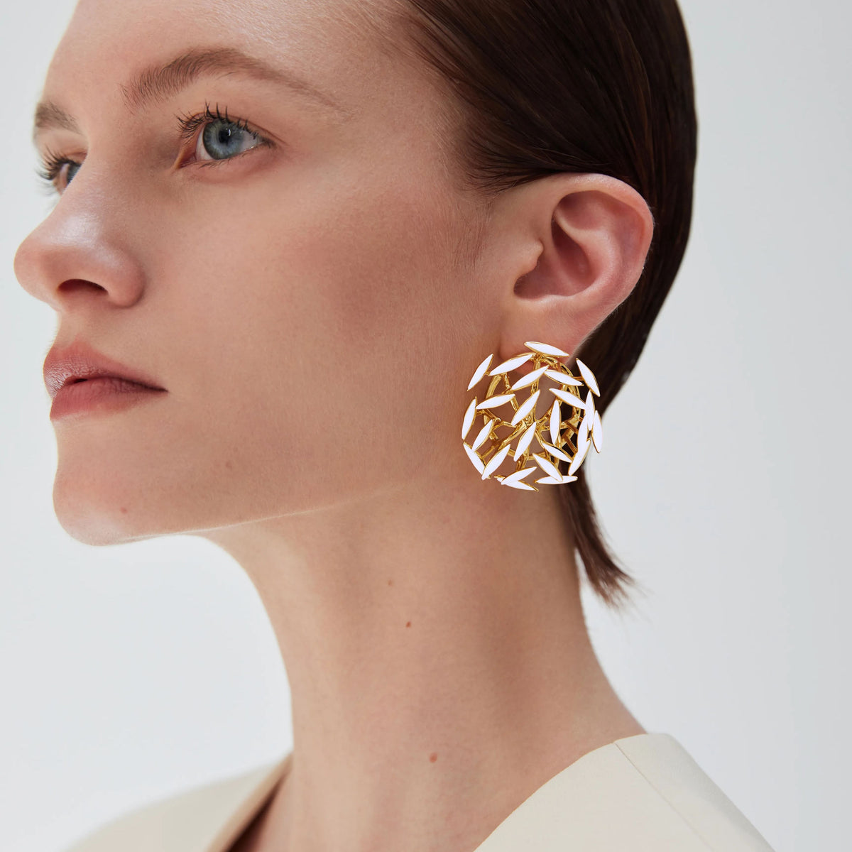 Palms Collection Leaf Shape Earrings White Enamel