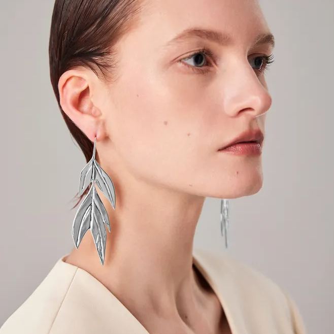 Palms Collection Leaf Shape Earrings Rhodium Plated