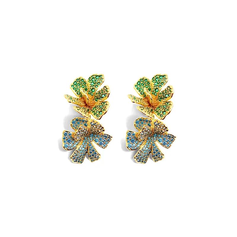 Cosmos Collection Blue And Green Bifloral Earrings Full Of Diamonds