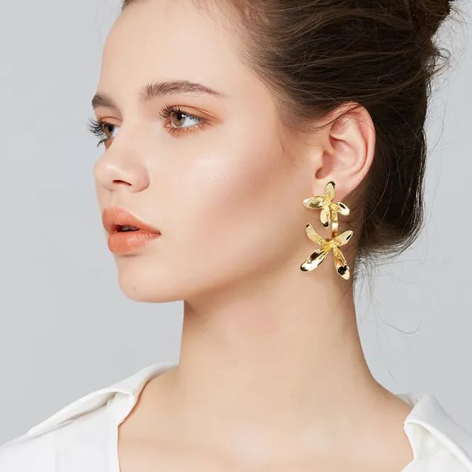 Orchids Collection Bifloral Drop Earrings 14k Gold Plated