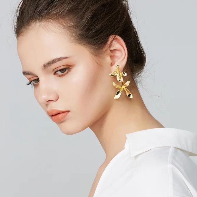 Orchids Collection Bifloral Drop Earrings 14k Gold Plated