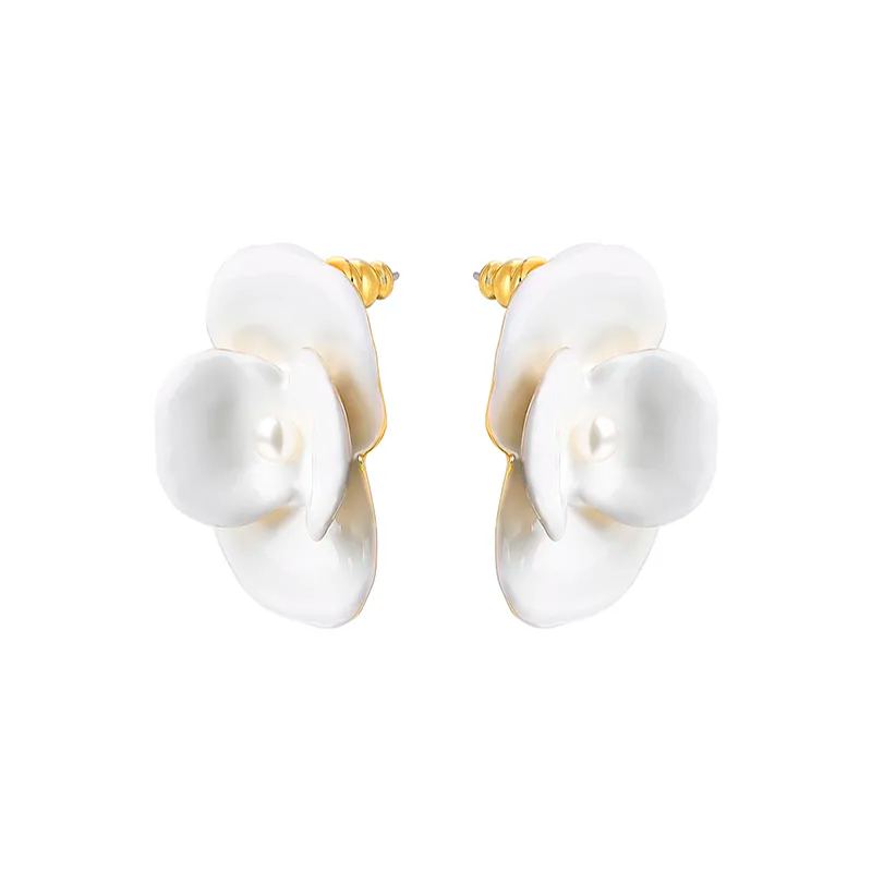 Corn Poppy Collection White Flower Pearl Earrings Small