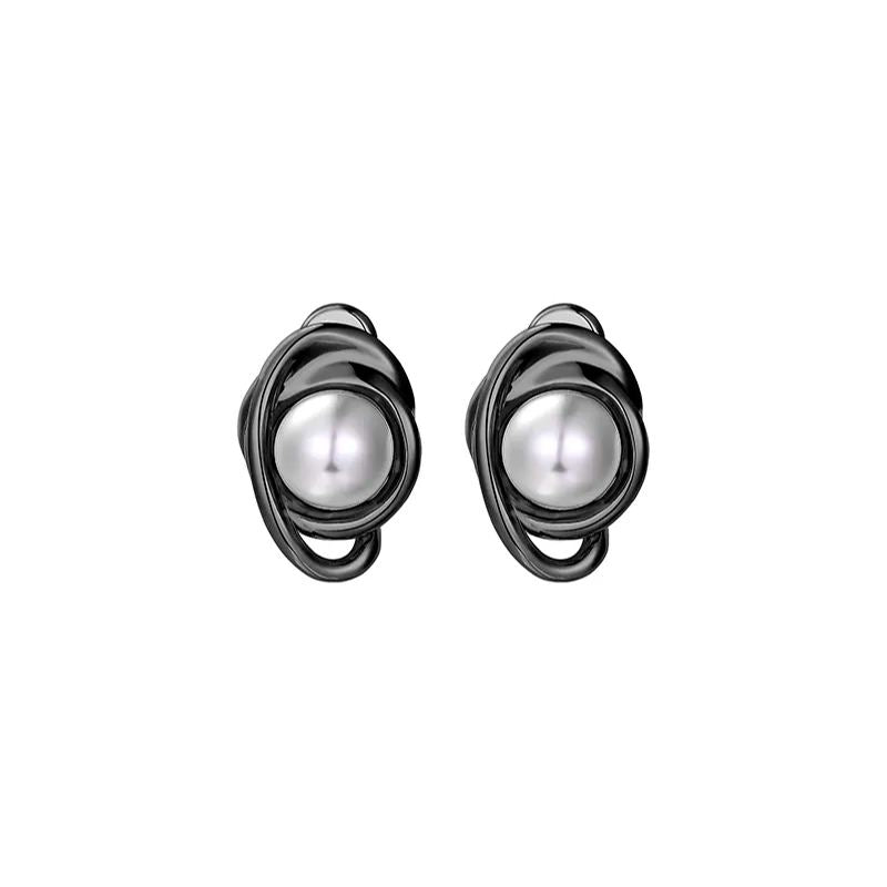 Curvilinear Collection Black Pearl Brass Stud Earrings