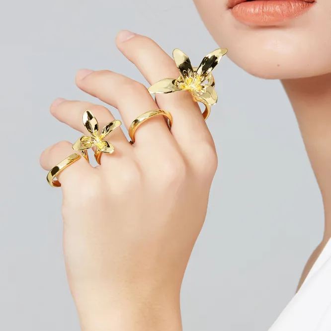 Orchids Collection Bifloral Four Finger Ring Free Size