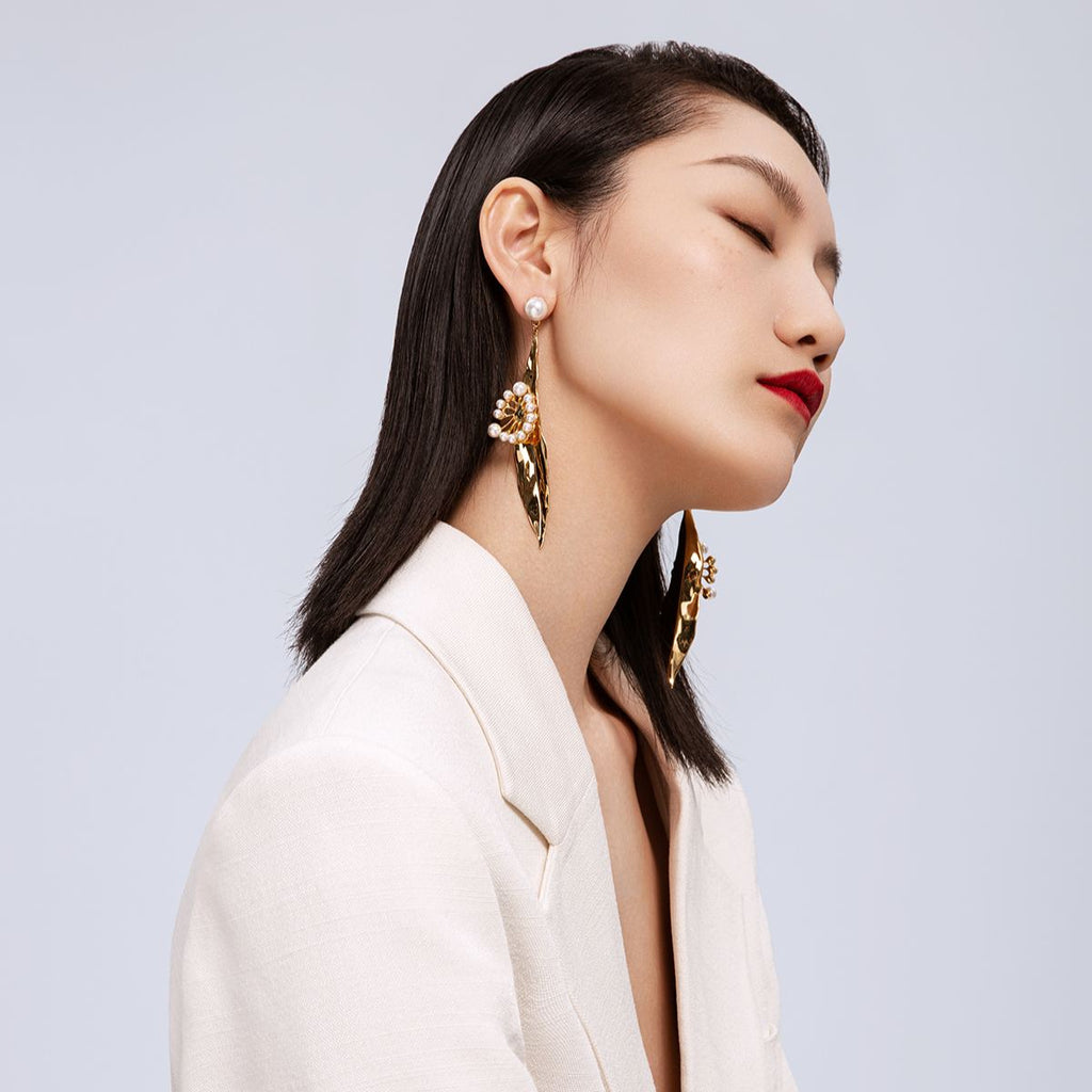 Dandelion Collection Leaf Shape With Pearls Earrings