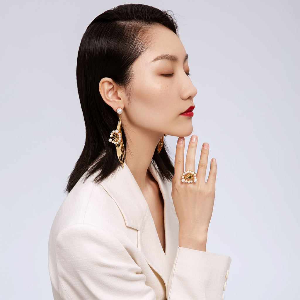 Dandelion Collection Leaf Shape With Pearls Earrings