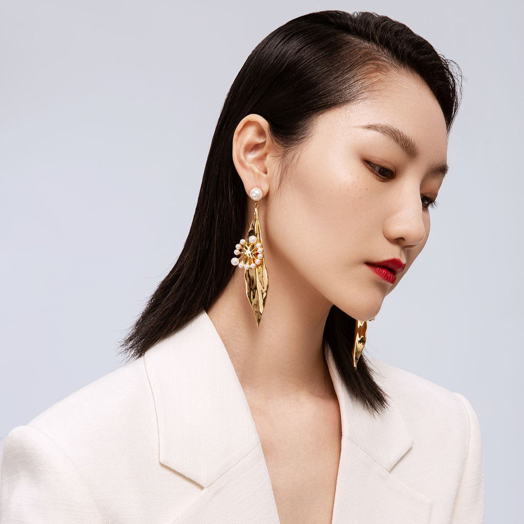 Dandelion Collection Leaf Shape With Pearls Earrings