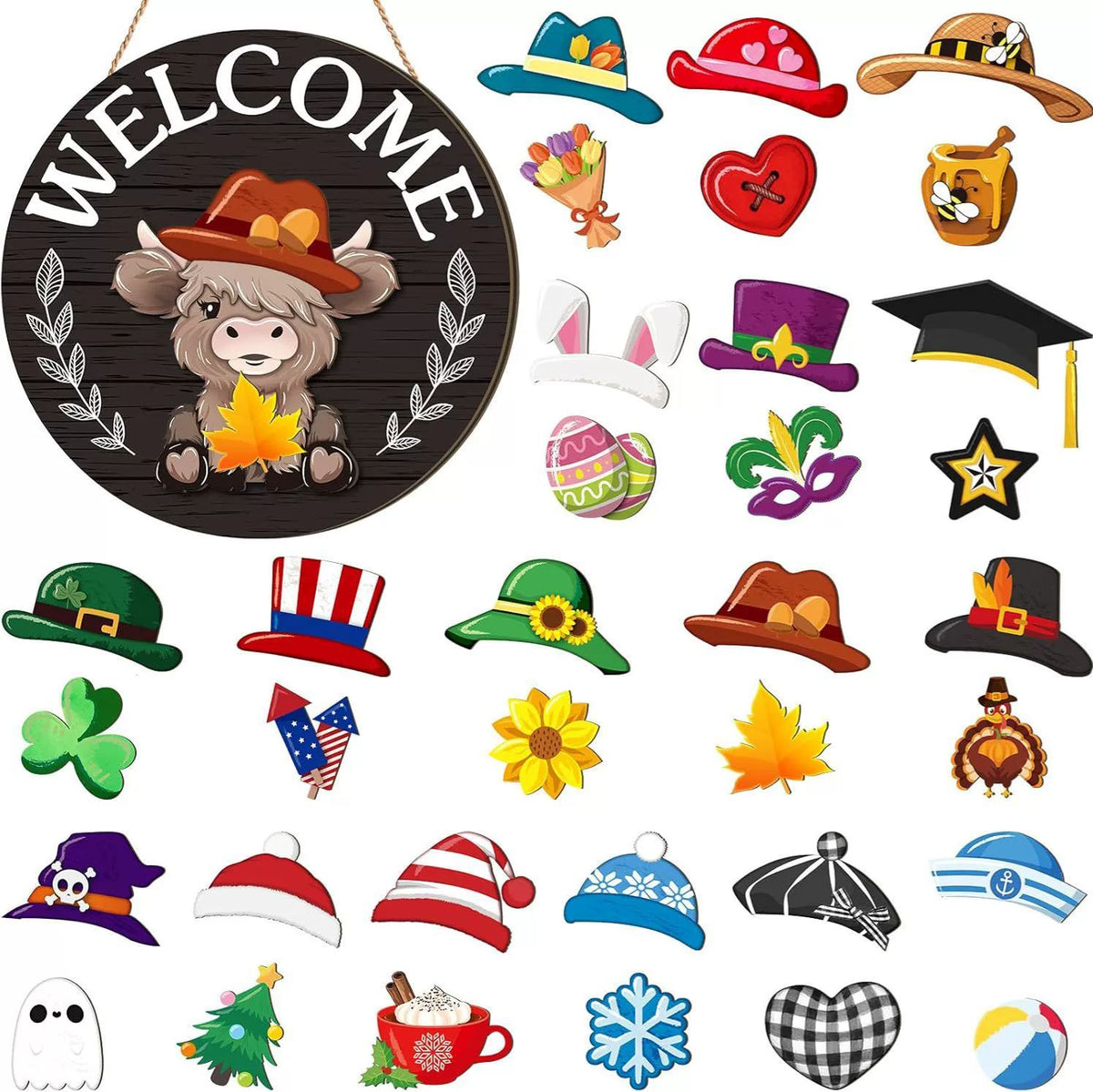 35pcs Highland Cow Sign Interchangeable Welcome Sign with Magnet Detachable Hats Accessories Cute Gnome Wooden Sign Hanging for Halloween Holiday Seasonal Decorations Birthday Party Home Wall Office Living Room Garden Farmhouse Porch