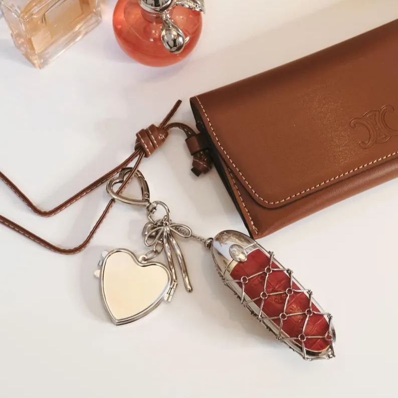 Personalized Lipstick Keychain with Mirror: Stainless Steel Makeup Bag Charm Valentine's Day Gifts