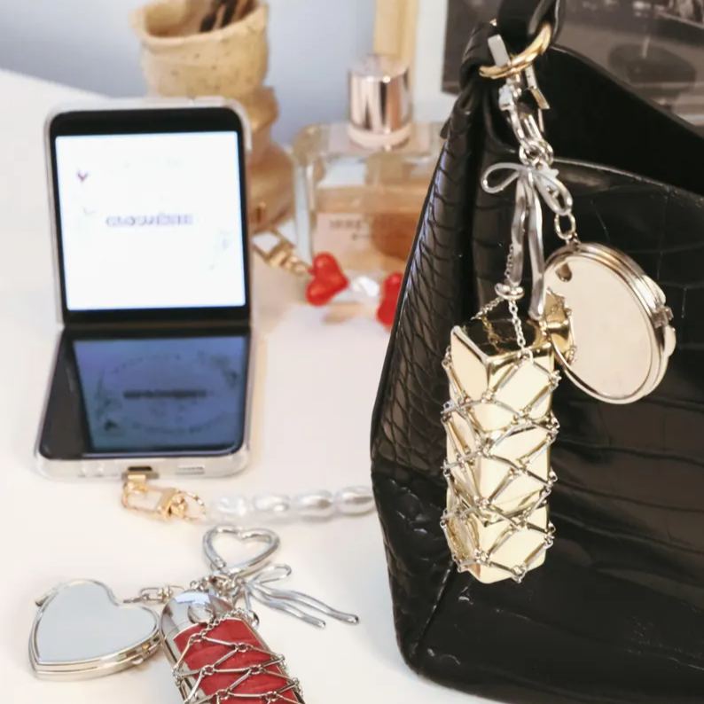 Personalized Lipstick Keychain with Mirror: Stainless Steel Makeup Bag Charm Valentine's Day Gifts