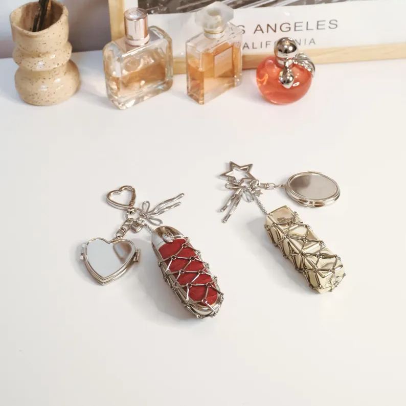 Personalized Lipstick Keychain with Mirror: Stainless Steel Makeup Bag Charm Valentine's Day Gifts