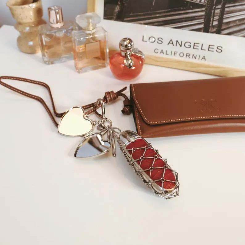 Personalized Lipstick Keychain with Mirror: Stainless Steel Makeup Bag Charm Valentine's Day Gifts