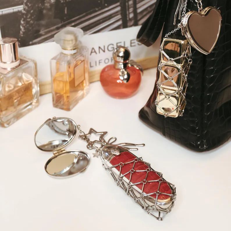 Personalized Lipstick Keychain with Mirror: Stainless Steel Makeup Bag Charm Valentine's Day Gifts