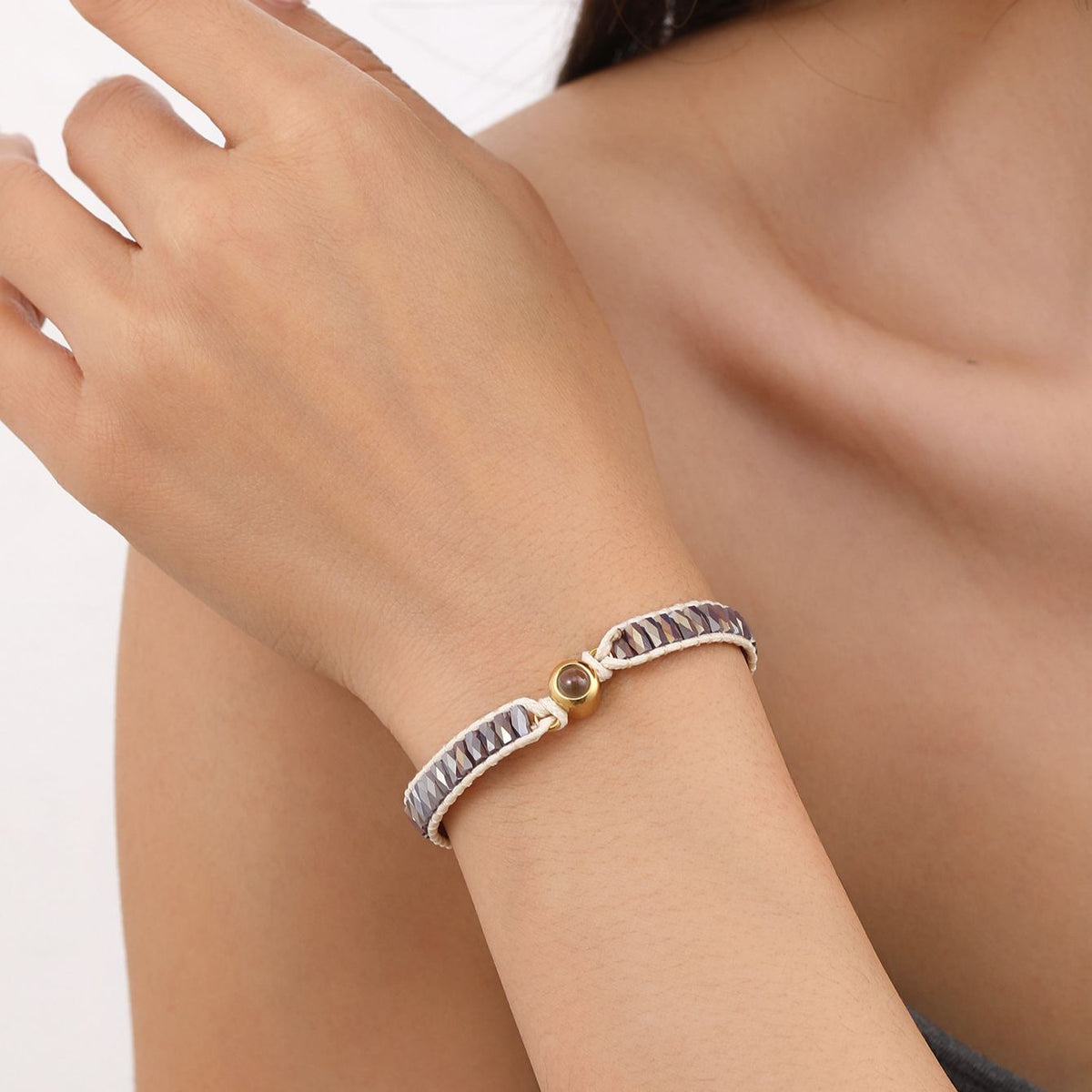 Personalized Photo Bracelet Sparkling Crystal Beads Adjustable Braided Cord Custom Gift