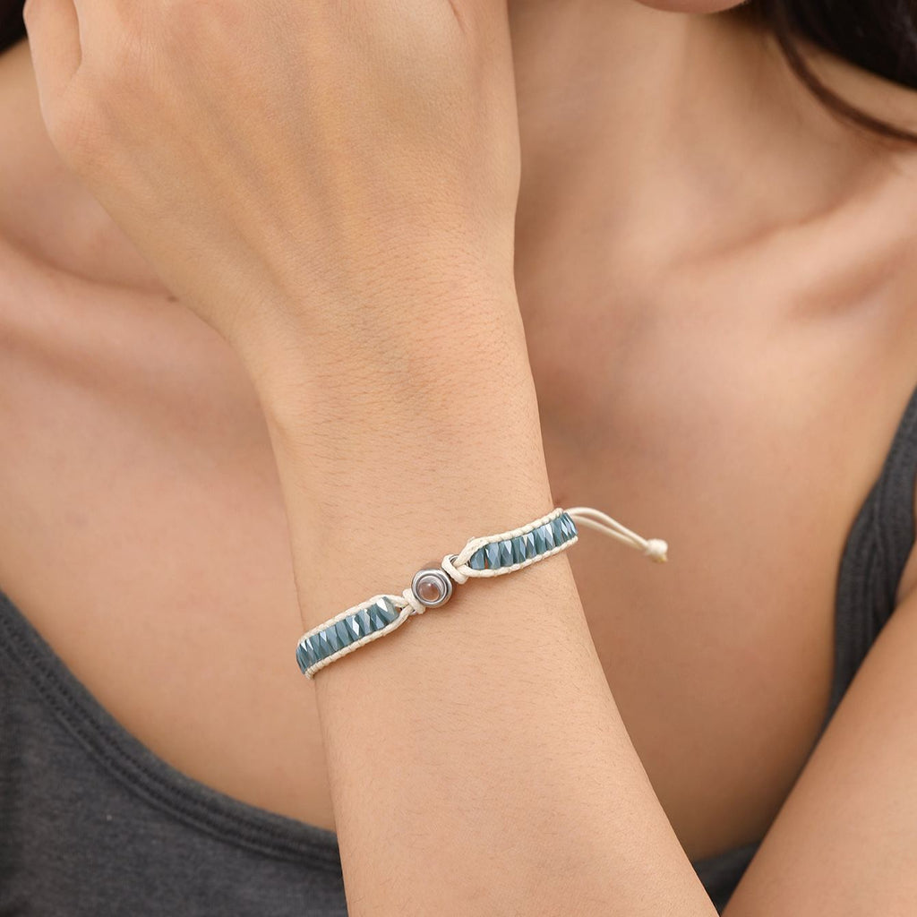 Personalized Photo Bracelet Sparkling Crystal Beads Adjustable Braided Cord Custom Gift