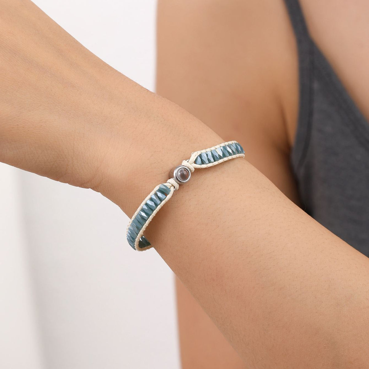 Personalized Photo Bracelet Sparkling Crystal Beads Adjustable Braided Cord Custom Gift