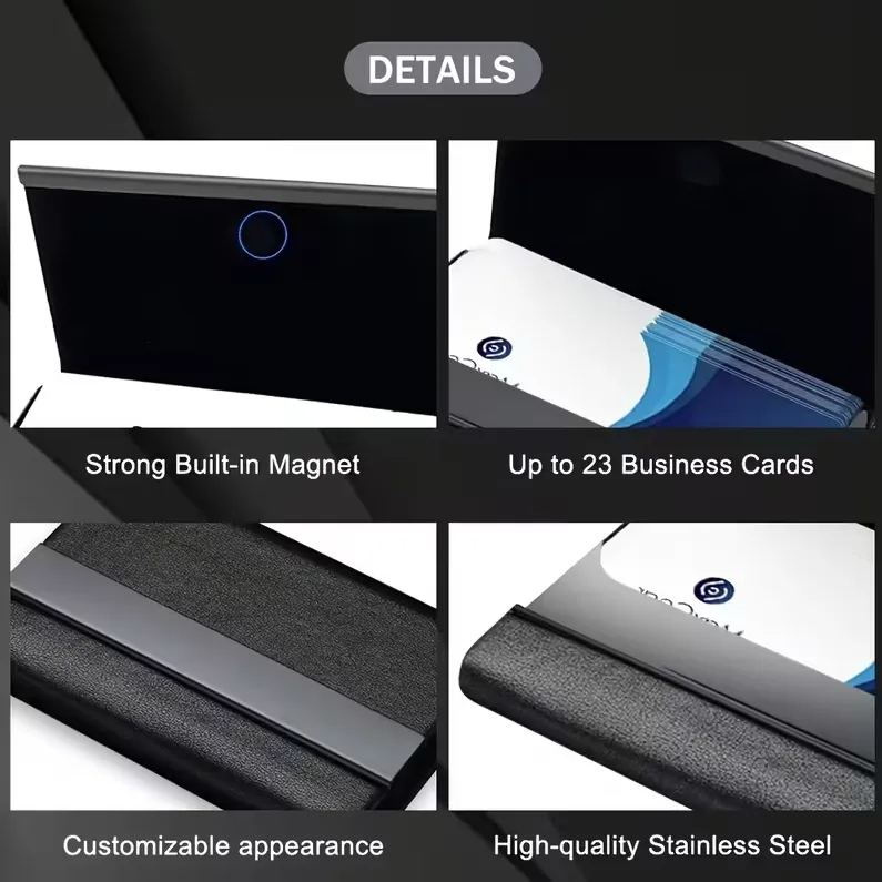 A Customizable Text Leather Stainless Steel Business Card Holder with a Comfortable Grip, Magnetic Flap And Sleek Modern Design That Is Durable And Stylish for Office Or Professional Use