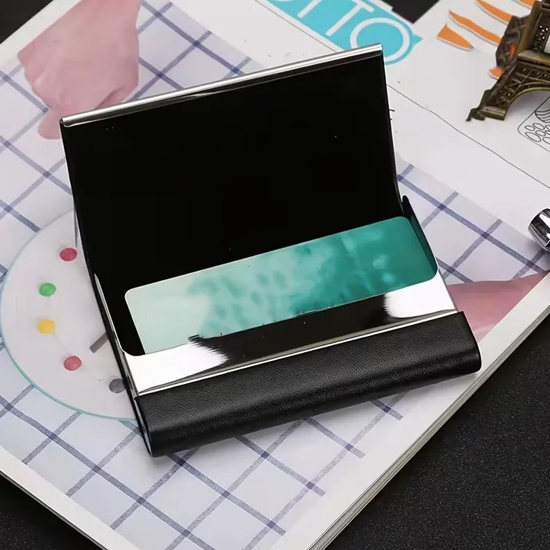A Customizable Text Leather Stainless Steel Business Card Holder with a Comfortable Grip, Magnetic Flap And Sleek Modern Design That Is Durable And Stylish for Office Or Professional Use