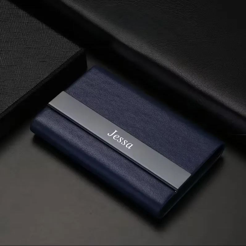 A Customizable Text Leather Stainless Steel Business Card Holder with a Comfortable Grip, Magnetic Flap And Sleek Modern Design That Is Durable And Stylish for Office Or Professional Use