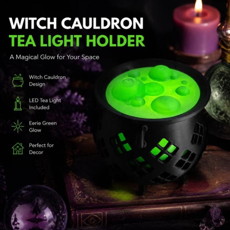 3D Printed Glowing Witch Cauldron Tealight Holder Halloween Bubbling Potion Cauldron Night Light LED Candle Lantern Spooky Table Centerpiece & Gothic Home Decor