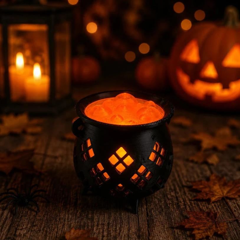 3D Printed Glowing Witch Cauldron Tealight Holder Halloween Bubbling Potion Cauldron Night Light LED Candle Lantern Spooky Table Centerpiece & Gothic Home Decor