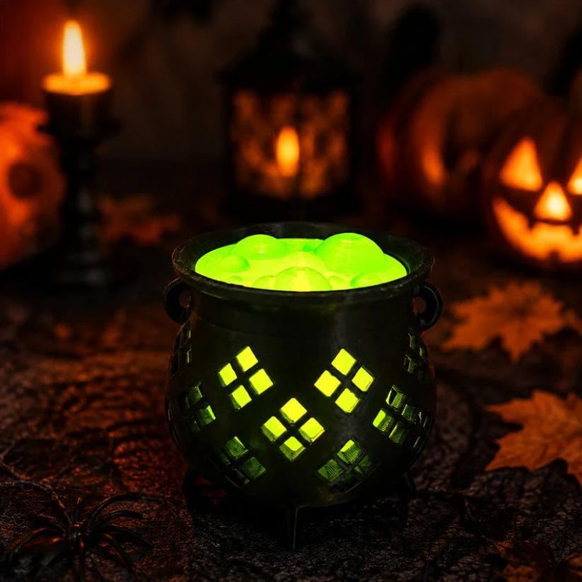 3D Printed Glowing Witch Cauldron Tealight Holder Halloween Bubbling Potion Cauldron Night Light LED Candle Lantern Spooky Table Centerpiece & Gothic Home Decor
