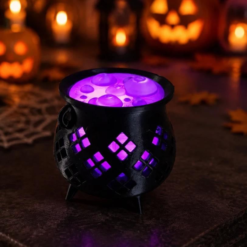3D Printed Glowing Witch Cauldron Tealight Holder Halloween Bubbling Potion Cauldron Night Light LED Candle Lantern Spooky Table Centerpiece & Gothic Home Decor