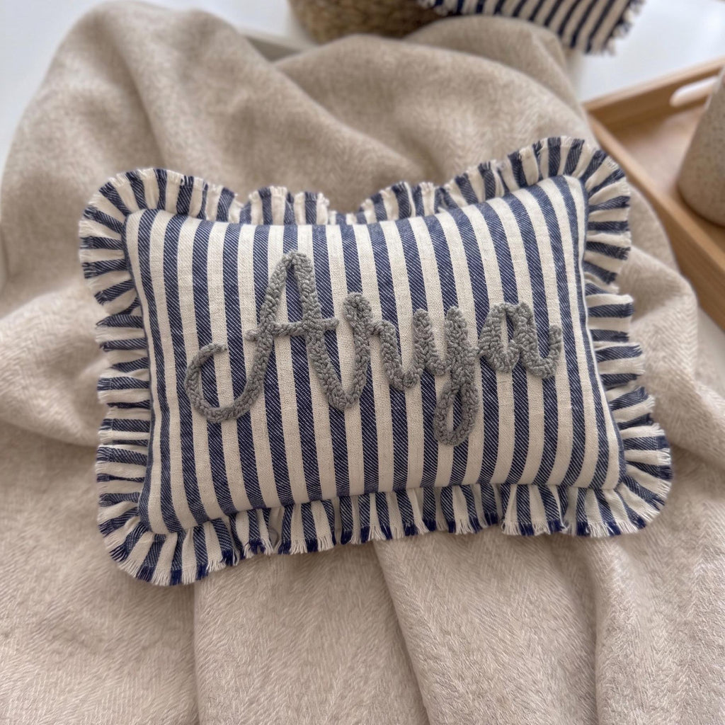 Personalized Striped Ruffled Punch Needle Throw Pillow Embroidered Name Baby Gift for Nursery (Pillow insert not included)