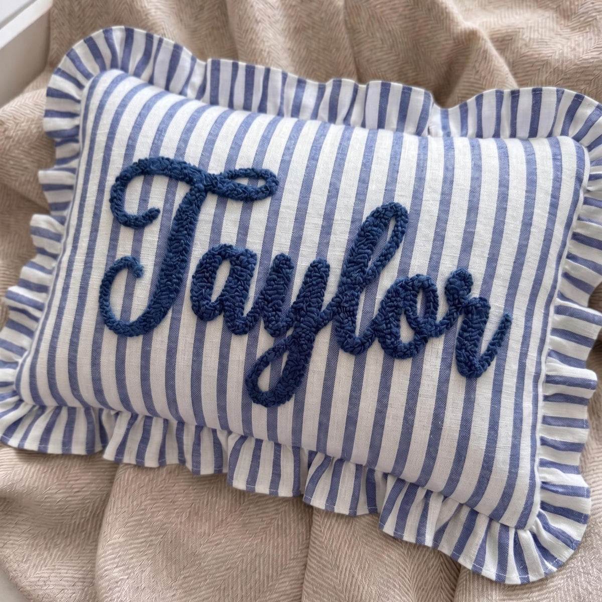 Personalized Striped Ruffled Punch Needle Throw Pillow Embroidered Name Baby Gift for Nursery (Pillow insert not included)