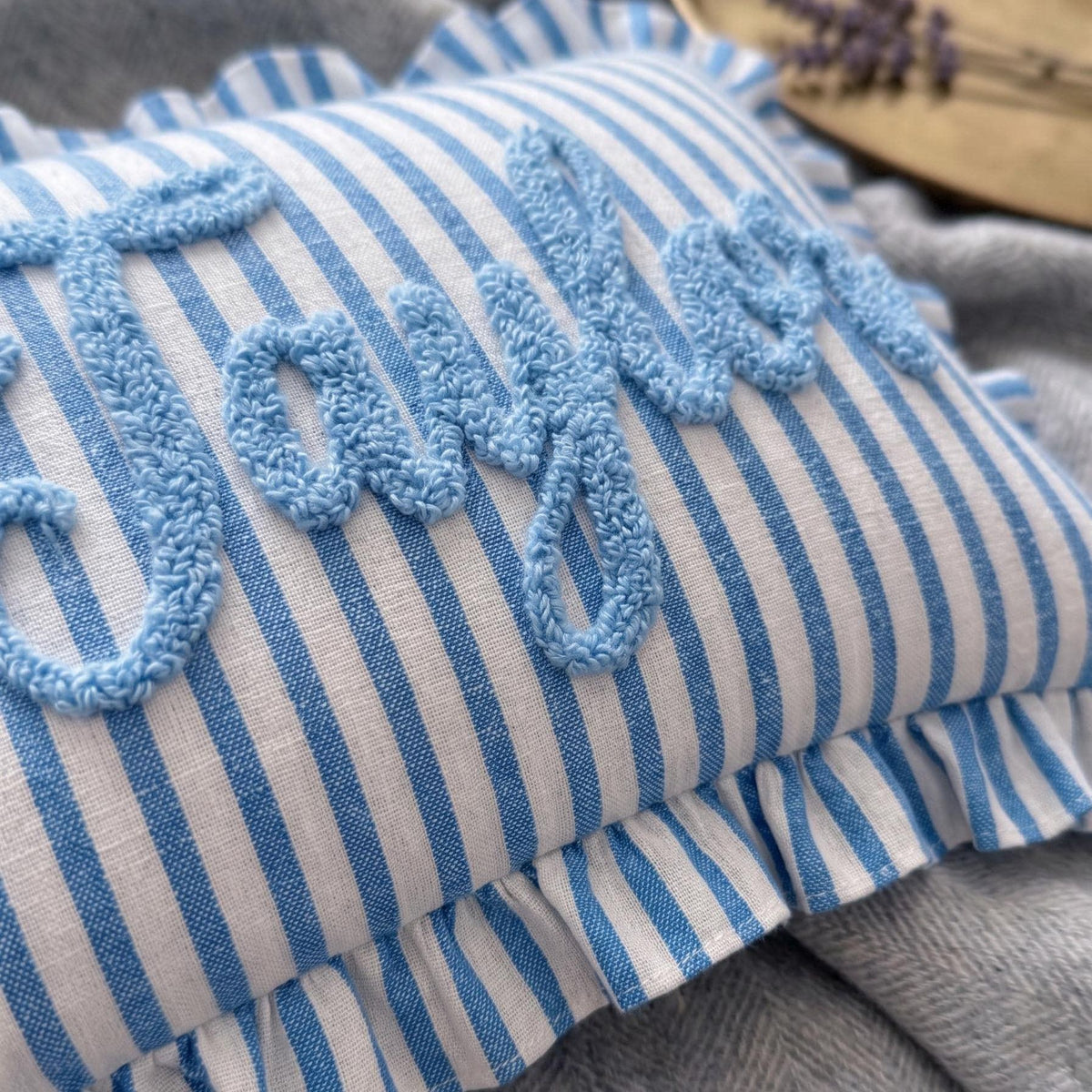 Personalized Striped Ruffled Punch Needle Throw Pillow Embroidered Name Baby Gift for Nursery (Pillow insert not included)
