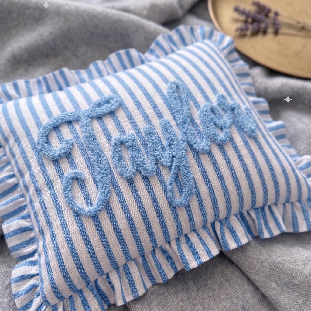 Personalized Striped Ruffled Punch Needle Throw Pillow Embroidered Name Baby Gift for Nursery (Pillow insert not included)