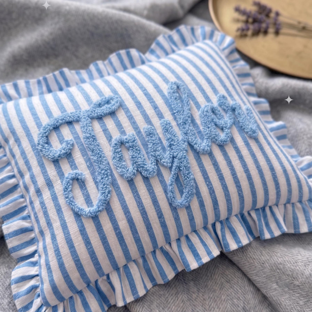 Personalized Striped Ruffled Punch Needle Throw Pillow Embroidered Name Baby Gift for Nursery (Pillow insert not included)