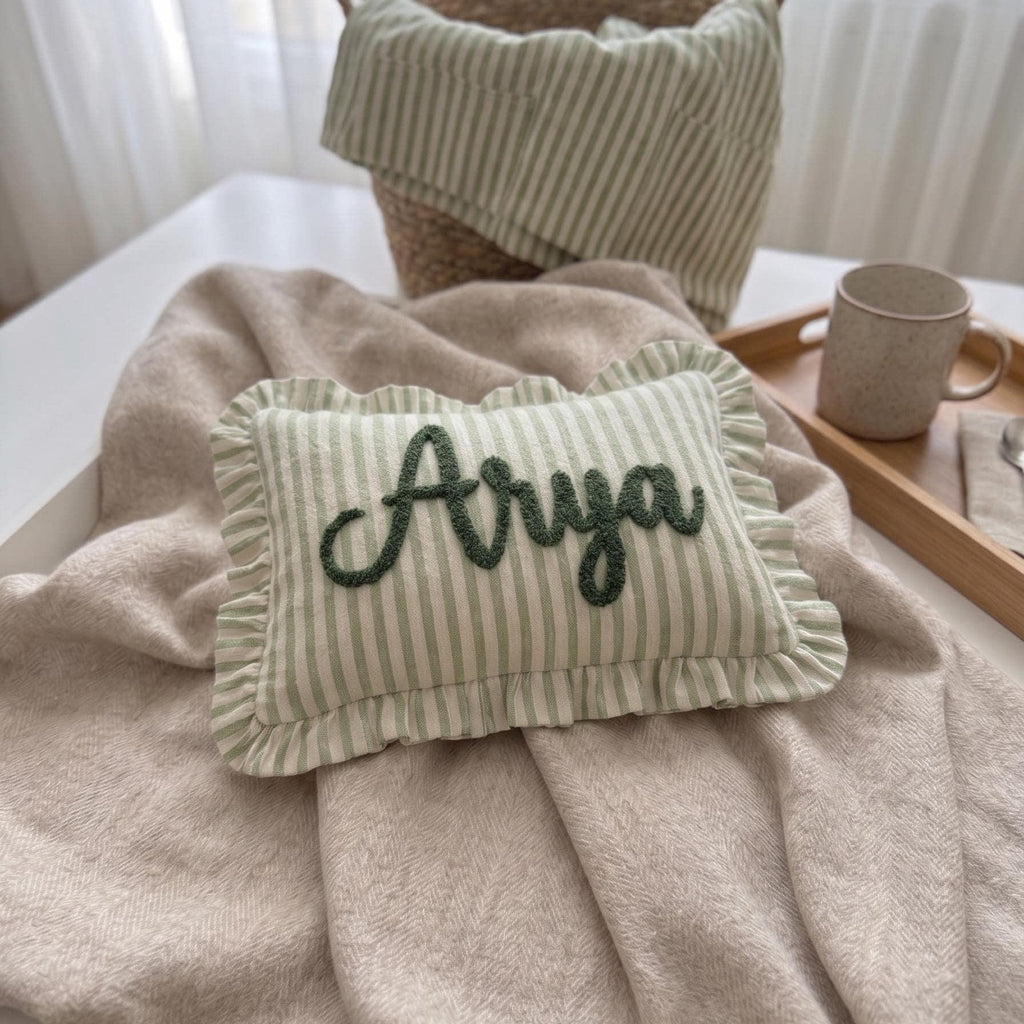 Personalized Striped Ruffled Punch Needle Throw Pillow Embroidered Name Baby Gift for Nursery (Pillow insert not included)