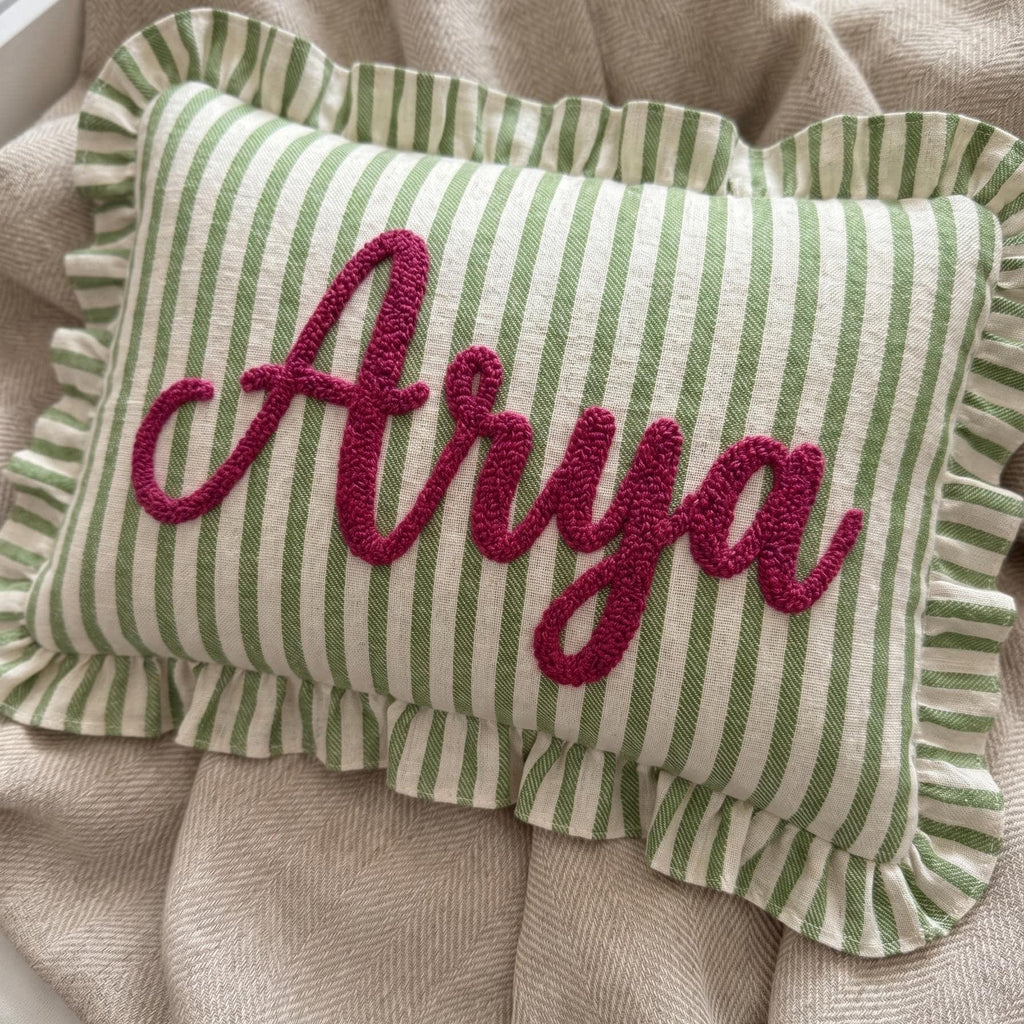Personalized Striped Ruffled Punch Needle Throw Pillow Embroidered Name Baby Gift for Nursery (Pillow insert not included)