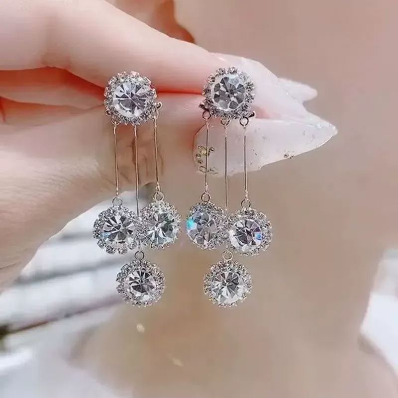 2-in-1 French Hepburn Crystal Tassel Earrings Convertible Sparkling Cubic Zirconia Studs with Detachable Long Drop Fringe Korean Style Statement Earrings for Women