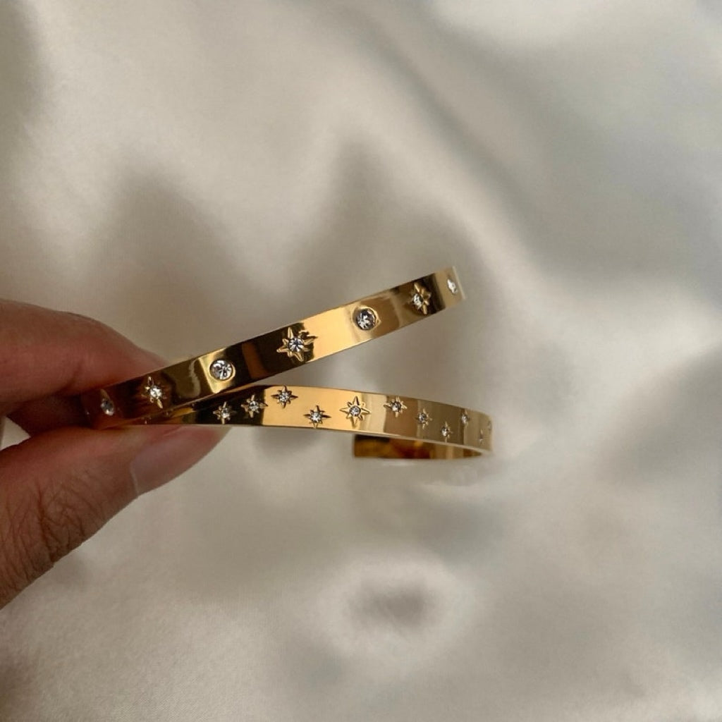 18K Gold Celestial Cuff Bracelet Set  Gold Plated Bangels Sun Stars Carved Bracelet Classic Stacking Bangles