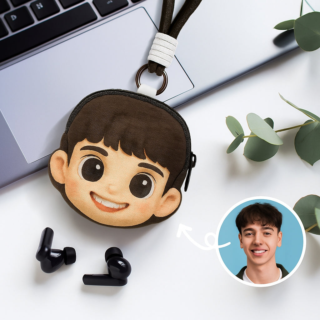 Custom Emoji Earphone Bag - Turn Your Photo Into Emoji Personalized Emoji Small Earphone bag with Zipper and Lanyard Coin Purse