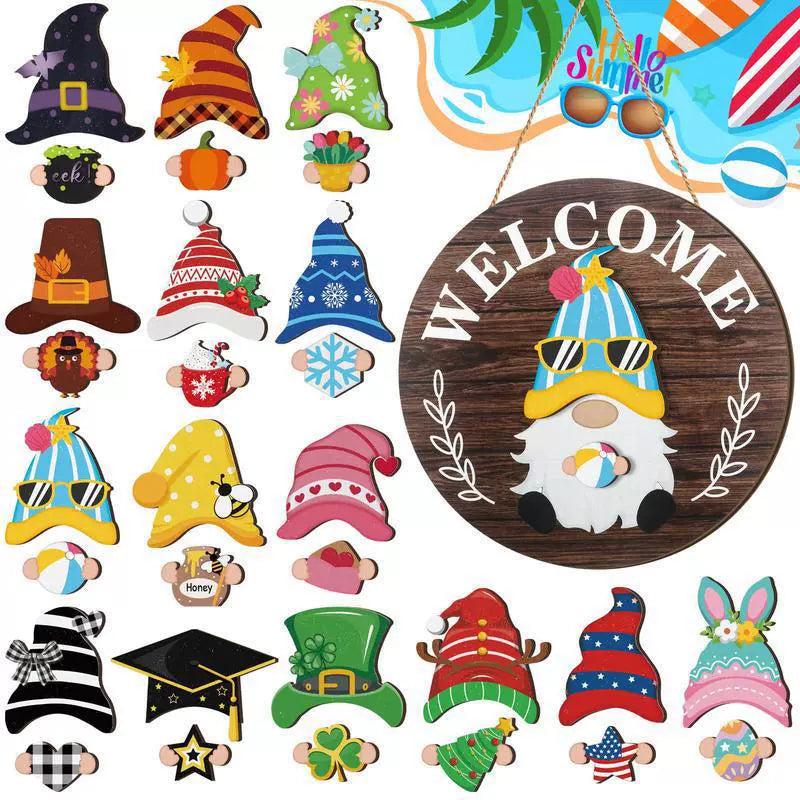 35pcs Highland Cow Sign Interchangeable Welcome Sign with Magnet Detachable Hats Accessories Cute Gnome Wooden Sign Hanging for Halloween Holiday Seasonal Decorations Birthday Party Home Wall Office Living Room Garden Farmhouse Porch